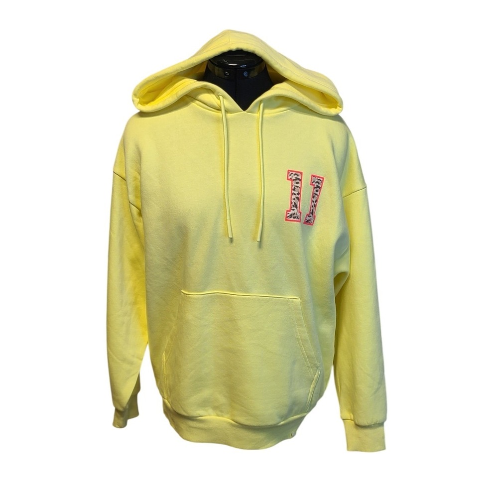 JoyLab Women's Relaxed Fit Hoodie Icicle Yellow Leopard Patch 17 XS NWT